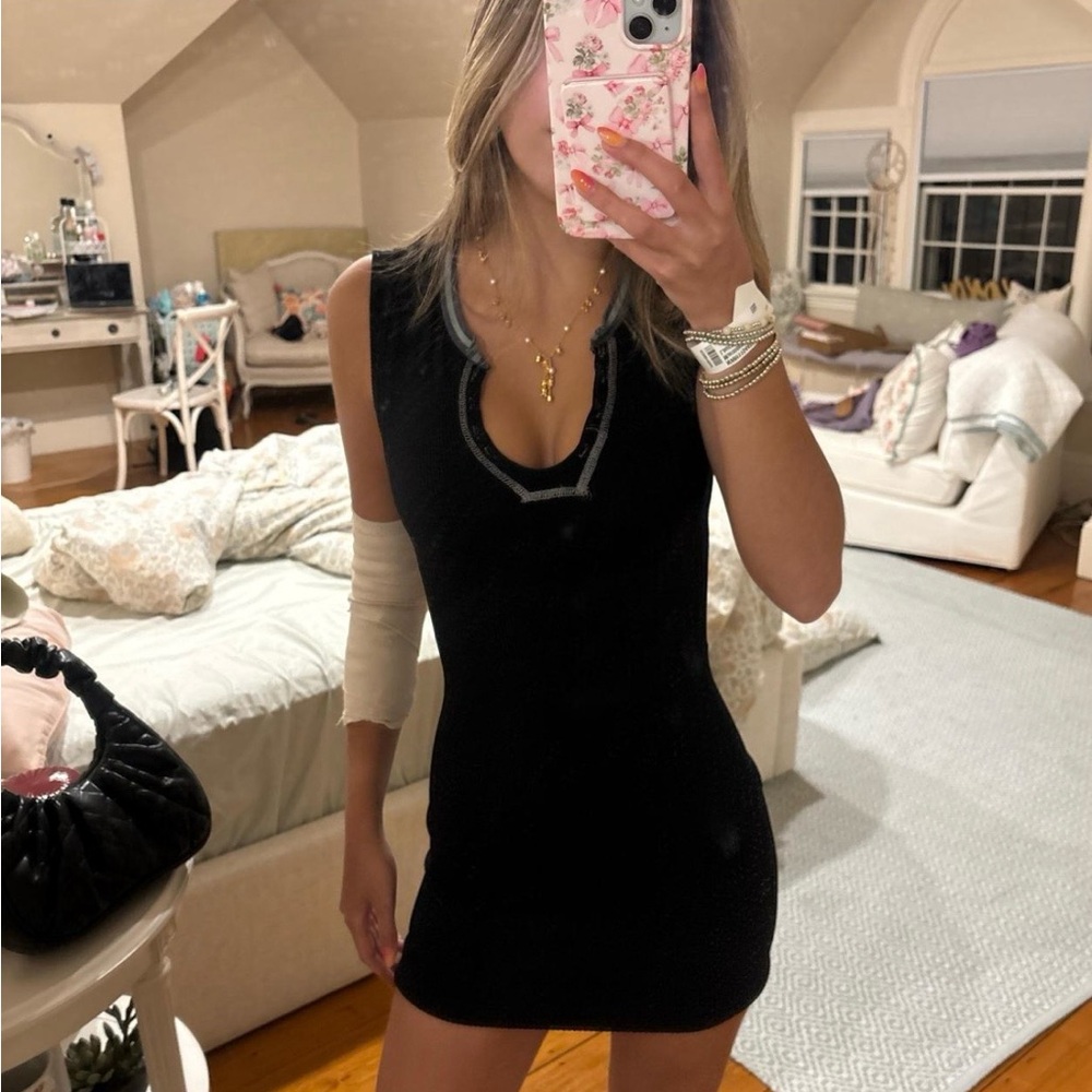 Out from under Sleeveless Black Ribbed Mini Dress with Contrast Trim